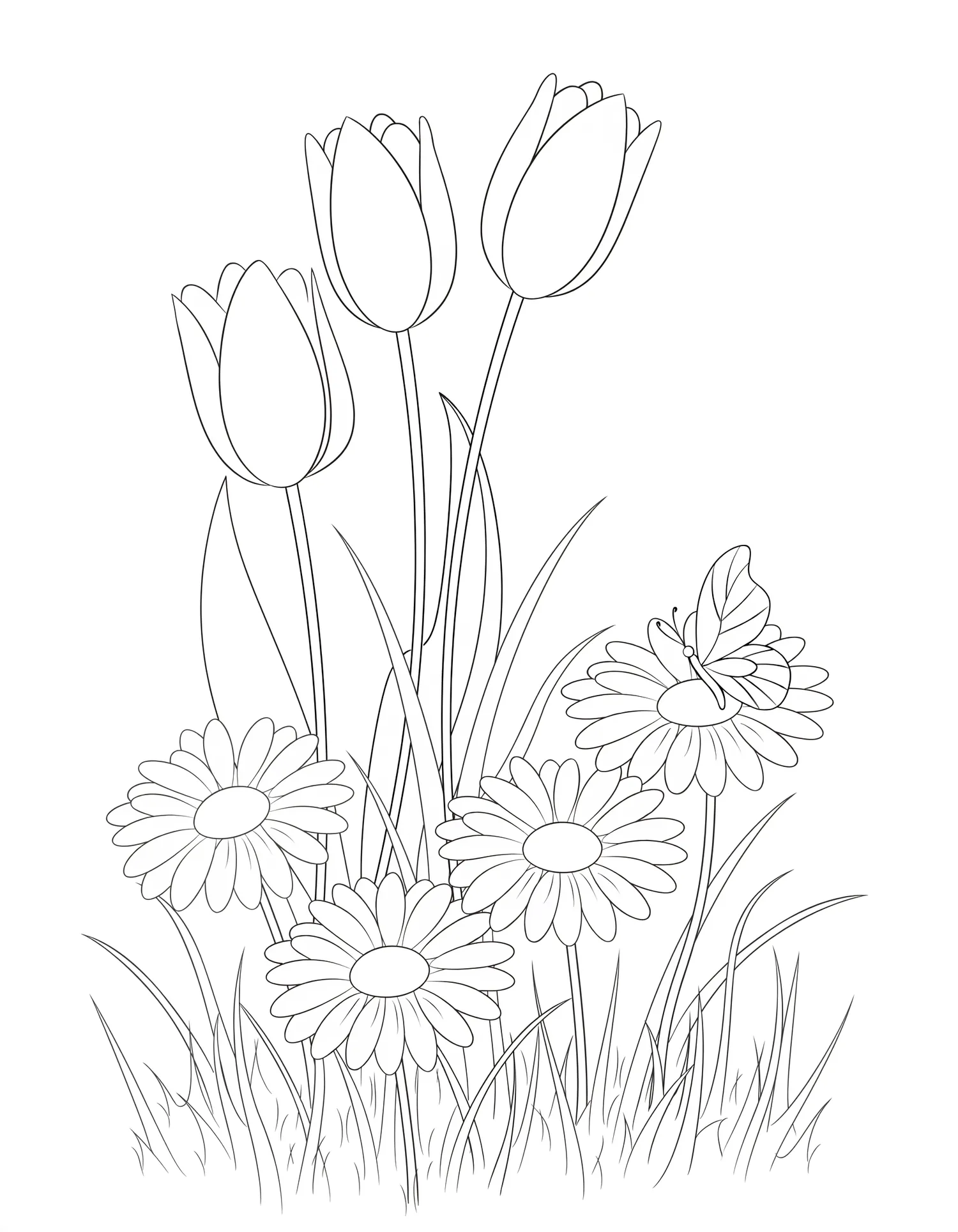 Tulipes et Pâquerettes — Coloriage fleur à imprimer gratuitement